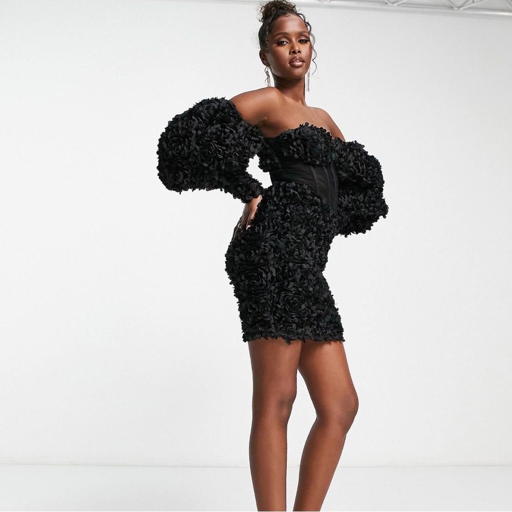 ASOS LUXE 3D floral bandeau corsetted mini dress in black